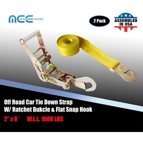 2" x 8' Off-Road Ratchet Tie Down Strap w/Snap Hook Auto Hauler Tow Truck Yellow, 2PK